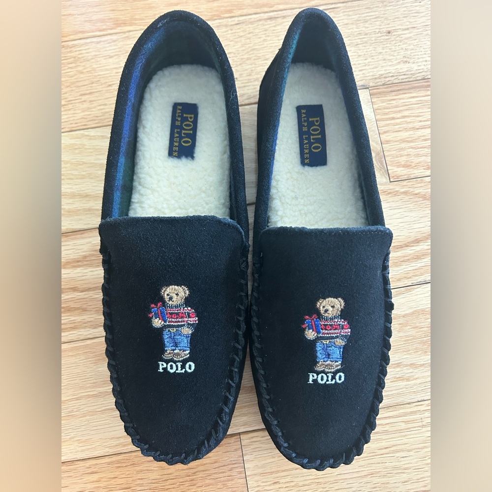Polo Ralph Lauren Black Suede Bear Slippers